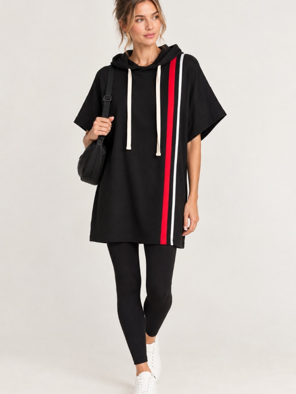 Junie Black Red Side Stripe Oversized Hoodie Dress Athleisure  Size L